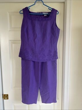 Deane & White Pant Set- Purple Embroidered Linen Blend Sleeveless Top and Pants